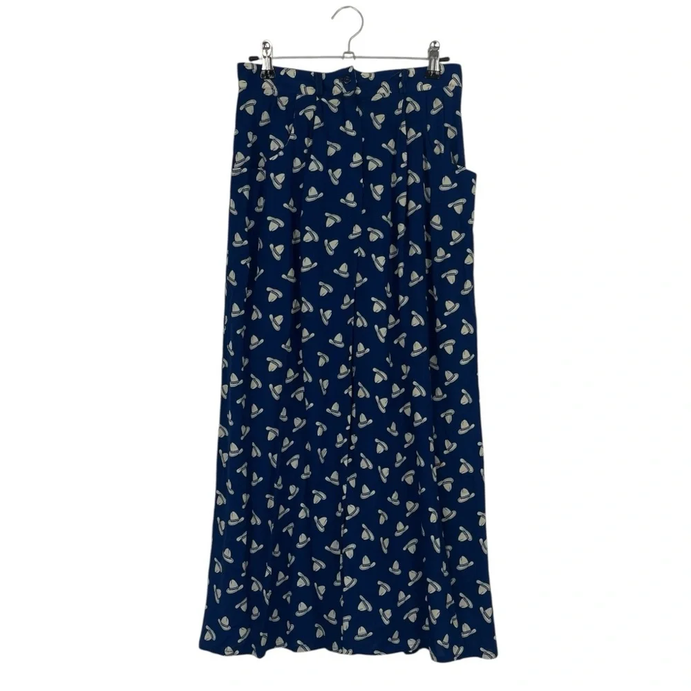 Eileen West Navy Blue A-Line Skirt with Cream Leaf Print - Picture 2 of 9